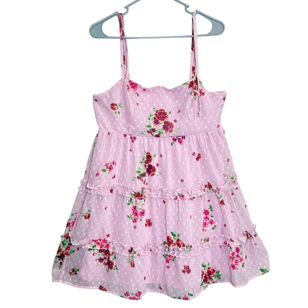 Live To Be Spoiled Dress Womens XL Pink NWT Floral Swiss Dot Tiered Ruffle Mini